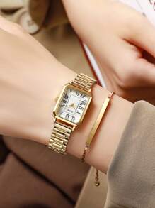 2pcs/Set: Elegant Fashion Women's Quartz Watch With Roman Numeral Dial And Minimalist Steel Band + One-Piece Bangle Bracelet, Suitable For Daily Wear, Birthday, Anniversary, Christmas, Valentine's Day Gifts
