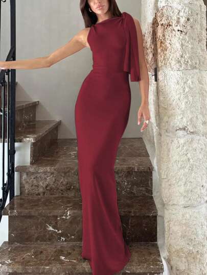 Vestido largo sin mangas de cuello asimétrico sólido, elegante y modesto para vacaciones, fiestas, primavera y verano