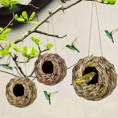 1pc Hanging Hummingbird Nest House, Handwoven Bird House, Outdoor Spherical Bird Shelter, Suitable For Garden, Patio, Lawn