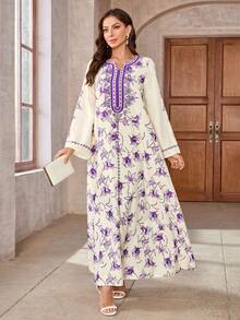 V-Neck Dress, All-Over Printed, Thick & Soft Four-Way Stretch Fabric, Elegant & Luxury Arab Style Abaya Dress For Women - Multicolor - View 2