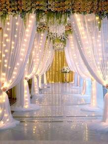 White Curtain And Light String Set, Gauze Banners Perfect Decoration Of Birthday Wedding 2025 New Year Party Room Background Wall, Including 2pcs Of 150*215cm White Gauze, 1pc 300cm Warm Light String 300 LED, USB Powered Curtain Fairy Lights, Remote Control 8 Lighting Modes, And 10pcs Of Curtain Clips Back To School Valentine Day - 白色 - 查看 6