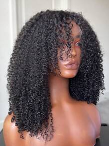 180% 密度卷发假发，带刘海，适合派对和日常生活，22 英寸，最适合 4x4 的自然卷发假发，蕾丝闭合前部假发，真人发假发，漂白结，预拔透明蕾丝，适合所有皮肤 - 黑色 - 查看 8