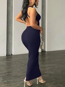 Vestido de fiesta de estilo casual y elegante de primavera/verano para mujer, de unicolor, de punto acanalado, sin mangas, ajustado, con espalda descubierta, de estilo sexy y de moda - Azul Marino - Ver 2