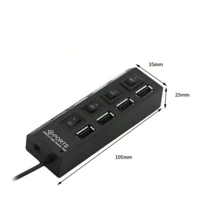 USB Hub With 4 High-Speed USB 2.0 Ports With On/Off Button - Negro - Añade 2
