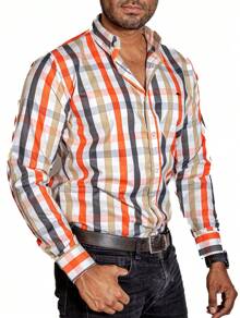 PLATINUM STORES Men's Casual Long Sleeve Checkered Shirt Orange, Beige, White Cotton Office Shirt - 橘色 - 查看 3