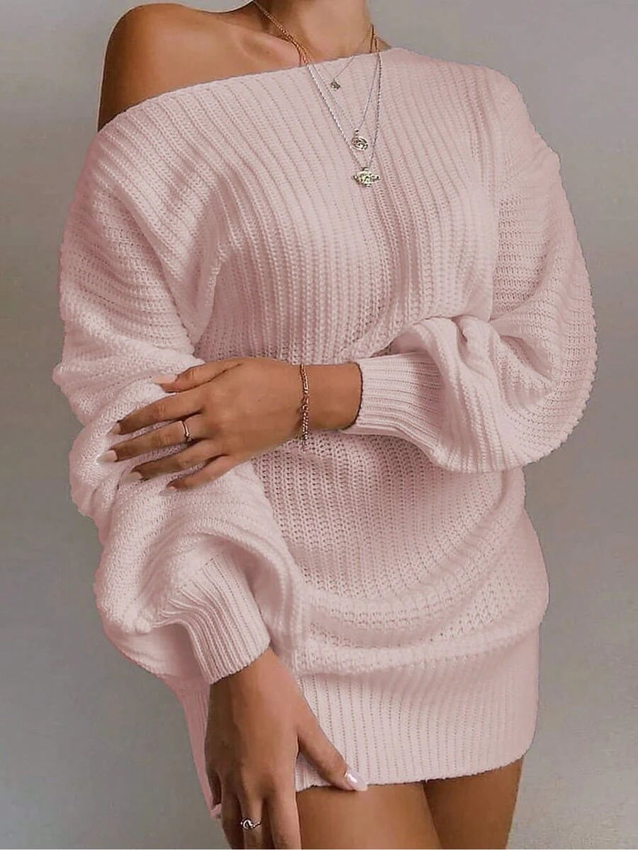 Korean Style Off Shoulder Solid Color Casual Loose Knit Sweater Dress