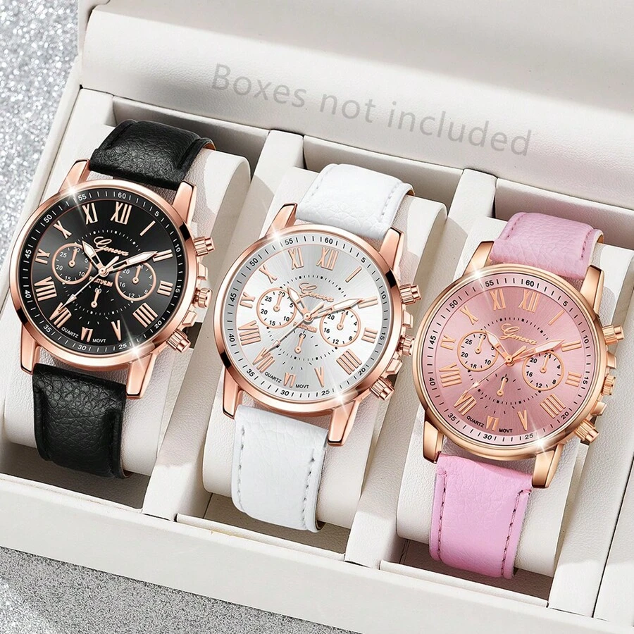 JasonRolls 3Pcs/Set, Ladies' Watch, Elegant Quartz Watch Set - Fashionable Roman Numerals, Pu Leather Strap, Zinc Alloy Case - Perfect Gift For Her