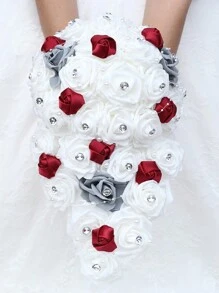 1 باقة من الورود البيضاء الأنيقة الكبيرة، مرصعة بالكريستال والأحجار الكريمة واللؤلؤ وشريط الساتان المتدلي، باقة عروس، حفل زفاف، وصيفة العروس، حفل ، عيد الحب، ترتيب زهور الرغوة الاصطناعية PE W330PE - قطر 23 سم، طول 40 سم، ارتفاع 26 سم - مشاهدة 14