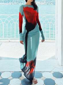 Womens Boydcon Long Dress Sheer Mesh Long Sleeve Boat Neck Floral Print Midi Dress Elegant Side Split Dress