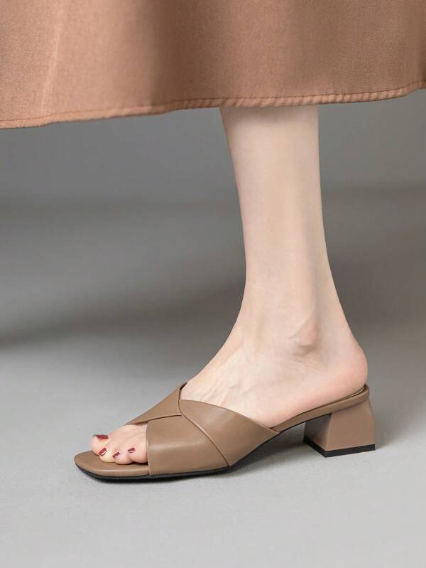 Square Toe Chunky Heel Slip-On Slides, Women Fashion Open Toe High Heel Sandals For Summer