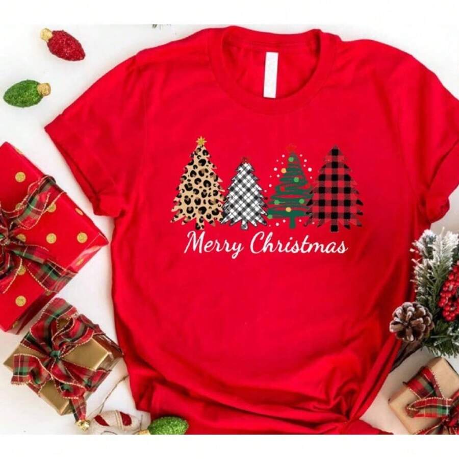 Cute Merry Goosemas Christmas ShirtNew Year End-Of-Year Festival Gift Ladies Merry Christmas Shirt,Women Christmas Gift, Leopard Christmas Tree, Women's Holiday Shirt, Cute Christmas Shirt, Christmas Gift, Xmas Gift, 100% Cotton Womens Oversized Printed Graphic T-Shirts Women Casual Round Neck Short Sleeve Tee 1pcs Fashion Shirt - 紅色 - 查看 1