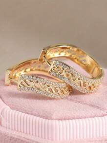 Hoa tai Zirconia tổng hợp thiết kế rỗng sáng tạo theo phong cách cổ điển, trang sức sang trọng và thanh lịch dành cho phụ nữ, phụ kiện tiệc tùng hàng ngày - Vàng - Xem 5