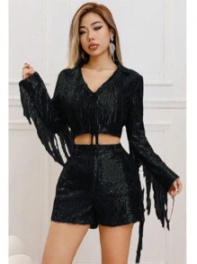 Sequin Tassel Cardigan Long Sleeve Jacket And Shorts Two Piece Set For Shiny Performance - Black - View 2