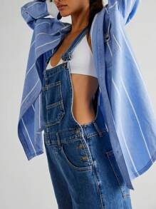Women Denim Long Jumpsuit Casual Spaghetti Strap Wide Leg Romper Pants Summer Baggy Bib Overalls - 深藍色 - 查看 3