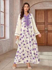 V-Neck Dress, All-Over Printed, Thick & Soft Four-Way Stretch Fabric, Elegant & Luxury Arab Style Abaya Dress For Women - Multicolor - View 5