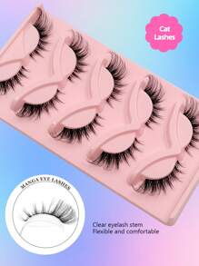 Asiteo 5 Pairs Cat Eye Wispy Eyelashes - Natural False Lashes With Fluffy Soft Cross Clear Band For Manga Makeup Look - Reusable And Easy To Apply Lashes For Dramatic Eye Effect - 眼尾拉長款 - 查看 4
