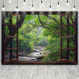Polyester Fiber Forest Stream Landscape Background -1 Retro Wooden Window View Banner, Suitable For Room And Garden Decoration, Party Photo Booth, Universal Festival Themes, No Electricity Required