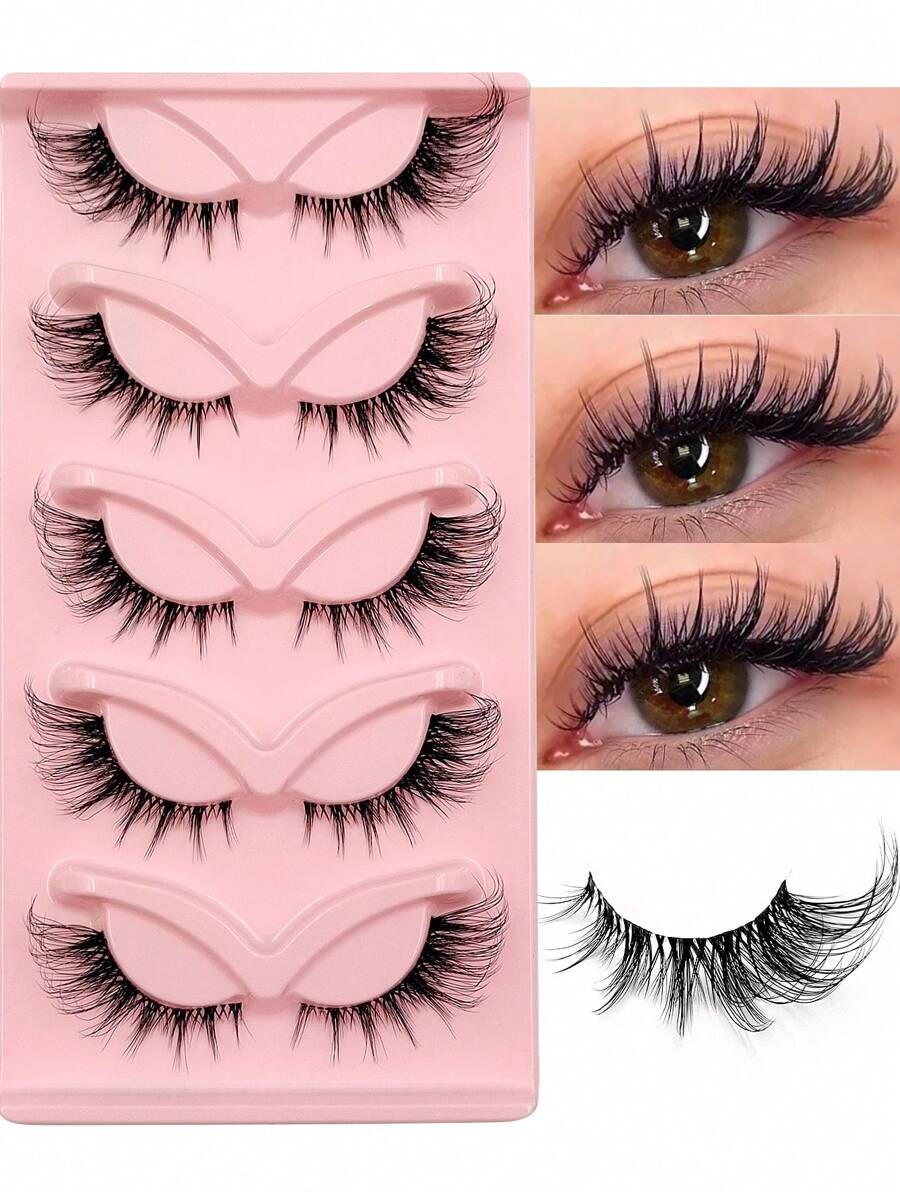 Asiteo 5 Pairs Cat Eye Wispy Eyelashes - Natural False Lashes With Fluffy Soft Cross Clear Band For Manga Makeup Look - Reusable And Easy To Apply Lashes For Dramatic Eye Effect - 眼尾拉長款 - 查看 1