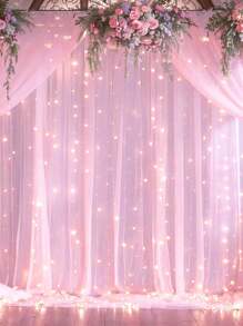 Bộ rèm cửa màu hồng và dây đèn, băng rôn vải mỏng trang trí hoàn hảo cho tiệc sinh nhật, đám cưới, tiệc năm mới 2025, tường nền phòng, bao gồm 2 tấm vải mỏng màu hồng 150 * 215cm, 1 dây đèn ấm 300cm 300 đèn LED, đèn dây rèm cửa dùng nguồn USB, điều khiển từ xa 8 chế độ chiếu sáng và 10 kẹp rèm cửa - Hồng - Xem 7