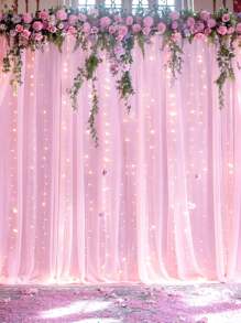 Bộ rèm cửa màu hồng và dây đèn, băng rôn vải mỏng trang trí hoàn hảo cho tiệc sinh nhật, đám cưới, tiệc năm mới 2025, tường nền phòng, bao gồm 2 tấm vải mỏng màu hồng 150 * 215cm, 1 dây đèn ấm 300cm 300 đèn LED, đèn dây rèm cửa dùng nguồn USB, điều khiển từ xa 8 chế độ chiếu sáng và 10 kẹp rèm cửa - Hồng - Xem 8