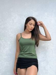 Women's Plain Tank Top In Vicolycra Mesh Baby Look Thin Straps Various Colors - 軍綠色 - 查看 2