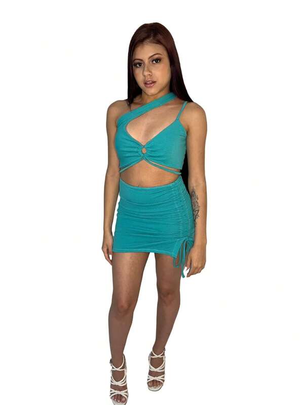 Conjunto Gringa Top um Ombro Cropped Saia Franzida Amarração