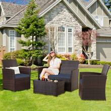 Four -Piece Courtyard Set, With Cushions And Coffee Tables, Outdoor Leisure Dialogue Sofa Combinations, Suitable For Gardens, Terraces, Etc., Home Or Commercial Places - 藍色 - 查看 4