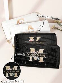 1 pieza Billetera larga personalizada con firma, billetera larga con diseño de firma personalizada, billetera larga con firma personalizada, billetera larga personalizada con firma, versátil monedero largo con cierre, patrón de inicial de la A a la Z, versátil monedero con cierre para tarjetas, portador de tarjetas gráfica con letra, organizador de tarjetas multiuso para almacenar tarjetas de crédito, útiles escolares para la escuela o dormitorio, regalo de San Valentín - Negro - Ver 2