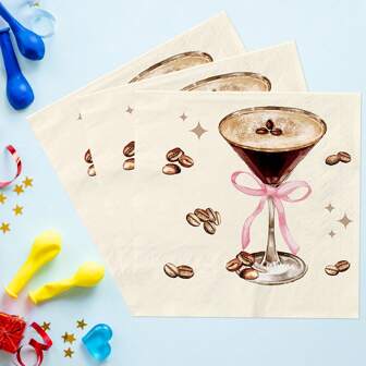 24 件/48 件/96 件派对餐巾，马提尼酒、鸡尾酒、咖啡、咖啡豆、饮料、红酒杯、粉色蝴蝶结、意式浓缩咖啡、星空装饰图案，适用于酒店、酒吧、餐桌、餐饮、节日、生日、聚会、派对