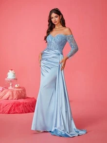 New Luxury Lady Light Blue Cocktail Evening Gown - Baby Blue - View 7