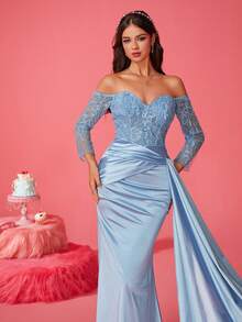 New Luxury Lady Light Blue Cocktail Evening Gown - Baby Blue - View 6