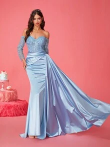 New Luxury Lady Light Blue Cocktail Evening Gown - Baby Blue - View 4