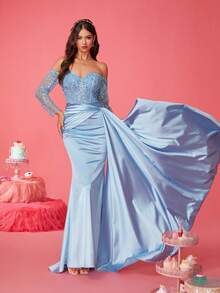 New Luxury Lady Light Blue Cocktail Evening Gown - Baby Blue - View 5