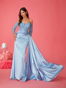 New Luxury Lady Light Blue Cocktail Evening Gown - Baby Blue - View 3