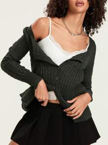 Y2K Fairy Grunge Knit Long Sleeve Tunic Tops Low Cut Peplum Babydoll Blouse Button Down Harajuku 90s Sweater - màu đen - Xem 2