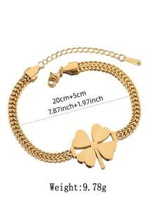 1pc Elegant & Refreshing Stainless Steel Hollow Clover Charm Chain Bracelet, Suitable For Women's Daily Wear Or Party, Great Gift For Festivals - Yellow Gold - View 3