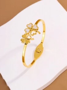 1pc Elegant & Refreshing Stainless Steel Hollow Clover Charm Chain Bracelet, Suitable For Women's Daily Wear Or Party, Great Gift For Festivals - Yellow Gold - View 6