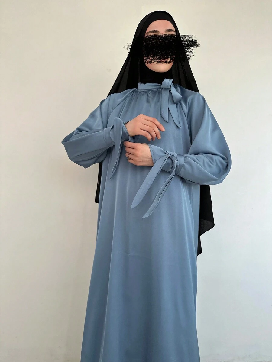 1pc Women Modest Abaya Robe, Elegant Casual Soft Elegant Fashionable Humble Simple Satin Solid Color Loose Design Sleeve Neck Drawstring Maxi Robe Cardigan, Comfortable Soft Breathable Skin-Friendly Fabric, Suitable For Festivals, Daily, Outdoor, Gatherings