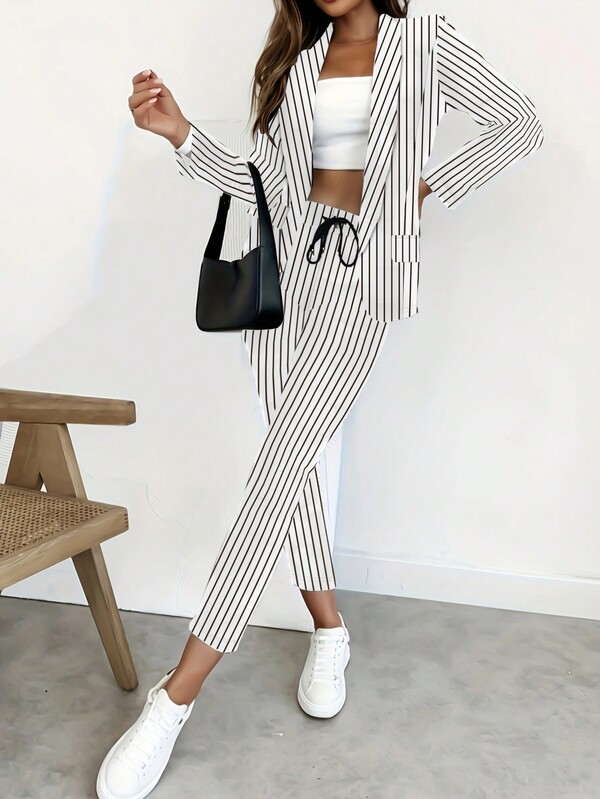 Women's Striped Drawstring Pants Set, Minimalist Fashion Casual Everyday Wear