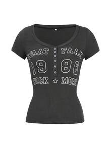 Vaiaye 女士 Y2K 风格字母印花修身短袖 T 恤，春夏休闲款 - 灰色 - 查看 3