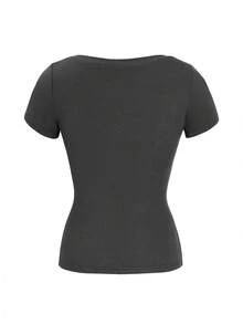 Vaiaye 女士 Y2K 风格字母印花修身短袖 T 恤，春夏休闲款 - 灰色 - 查看 4