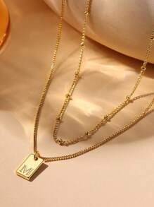 2pcs Stainless Steel Double Layer Chain 26 Letters A-Z Name Initial Pendant Necklace, Women Daily Wear Jewelry Gift For Friend - Yellow Gold - View 2