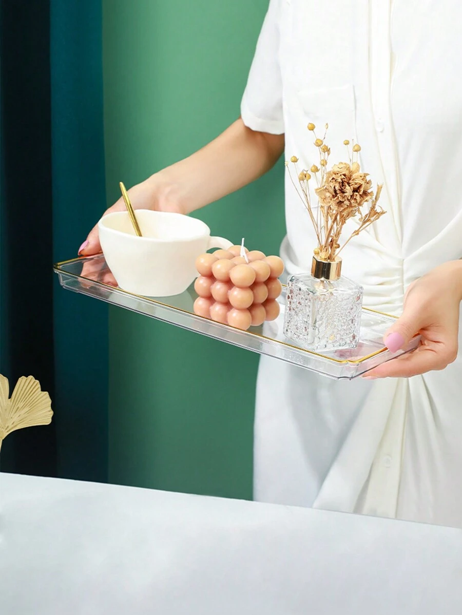 1pc Decorative Tray, Lightweight Luxury Rectangular Tea Tray, Glass With Golden Trim, Home Tea Cup & Water Glass Holder, Living Room Coffee Table, Suitable For New Year & Eid