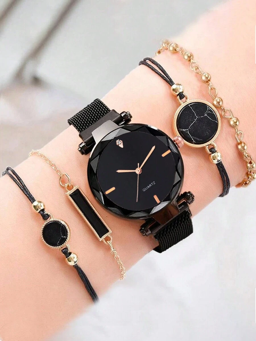 5pcs Rhinestone Decorated Quartz Watch Bracelet Set For Her Gift Women'S Watch As A Gift For Students Returning To School - Black - View 1