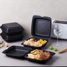 150 Pack 8x8", Single Compartment Disposable Takeaway Box Containers, Heavy Duty To-Go Disposable Lunch Box, Plastic Flip Top Takeaway Food Trays, Microwavable, Cut Resistant, Stable Hinged Lid, Black - 黑色-8*8in - 查看 3