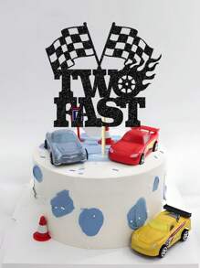 1 件 2 岁儿童生日派对黑色格子赛车旗和方向盘和“Two Fast”蛋糕装饰帽，圣诞节 - 黑色 - 查看 7
