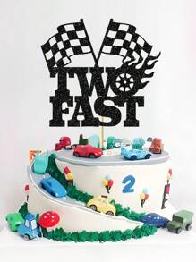 1 件 2 岁儿童生日派对黑色格子赛车旗和方向盘和“Two Fast”蛋糕装饰帽，圣诞节 - 黑色 - 查看 5