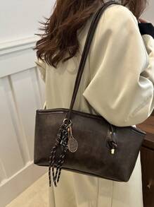 1pc Brown Quilted Zipper Closure Solid Color PU Bowling Bag, Large Capacity Tote Bag, Fashionable New Design, Shoulder Bag With Vintage Style, Suitable For Ladies Everyday Use, Autumn/Winter - Coffee Brown - View 5