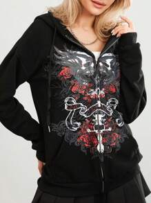 Women Y2K Zip Up Hoodies Grunge Graphic Oversized Jacket Goth Aesthetic Vintage Hooded Sweatshirt Teen Girls Harajuku Emo Clothes Streetwear