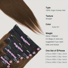 8 件/套真人发长直发夹式接发真人发巧克力棕色 #4 雷米真人发接发夹式自然发接发直发接发 120 克 - S4 - 查看 7